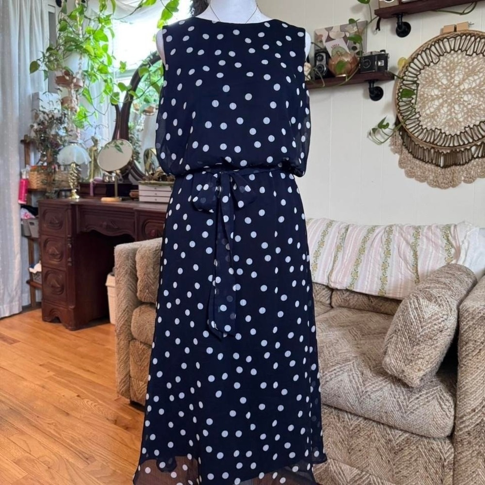 MSK Navy Blue White Polka Dot Sleeveless Midi Dress with Tie Waist Size 10